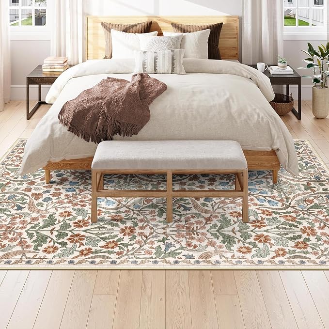 6x9 Washable Area Rug for Living Room, Floral Non-Slip Non-Shedding & Easy Care, Soft Low Pile Botanical Indoor Floor Carpet for Living Room, Bedroom, Farmhouse, Dining Room, Kids Playroom, Beige