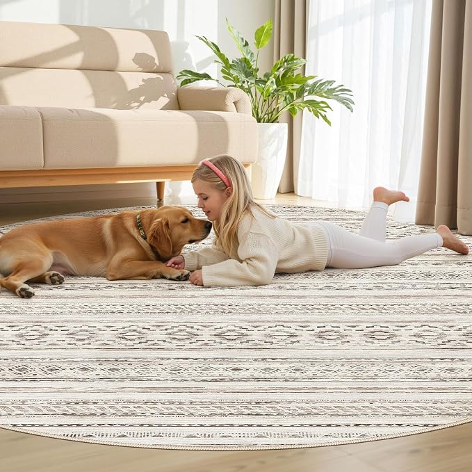 cotiled 8x8 Round Area Rugs Living Room Rug: Washable Boho Rugs with Non Slip Backing Large Soft Indoor Stain Resistant Carpet for Bedroom Farmhouse Dining Room Lightweight Home Decor Cream Brown