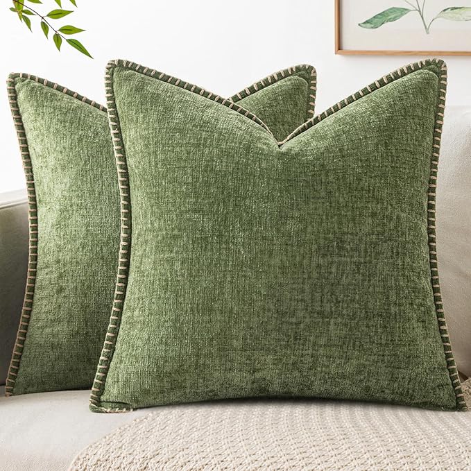 MIULEE Pack of 2 Couch Throw Pillow Covers 16x16 Inch Sage Green Farmhouse Decorative Pillow Covers with Stitched Edge Soft Chenille Solid Dyed Summer Pillow Covers for Sofa Bed Living Room