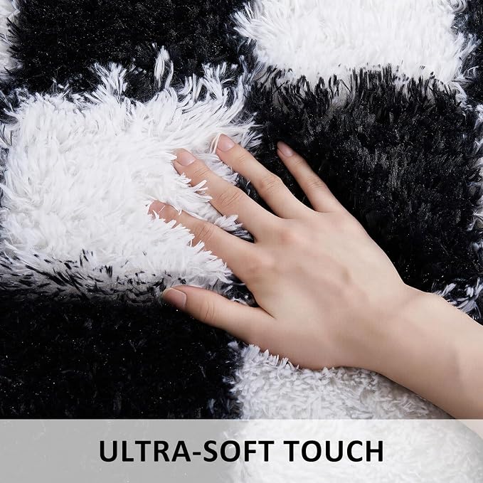 Ophanie Checkered Black & White Rug for Living Room Bedroom,Fluffy Soft Cute Fuzzy Area Rugs,Shag Plush Shaggy Bedside Floor 8x10 Furry Carpet Kids Baby Teen Dorm Decor with Over 99 pcs Pile fibers