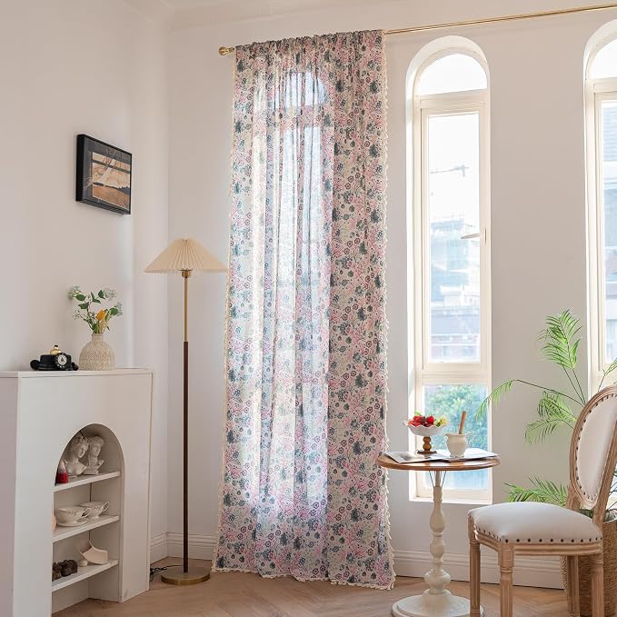 OYX Boho Crochet Curtains 63 Inch Length 2 Panels for Living Room, Bedroom Light Filtering Drapes, Farmhouse Vintage Country French Rustic Tassels Pattern Rod Pocket Aesthetic Decor Window Treatments