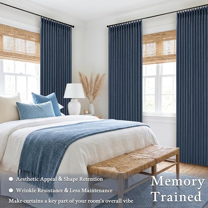 105 Inch Pinch Pleated Blackout Linen Curtains for Bedroom 2 Panels Memory Trained 100% Black Out Soundproof Room Darkening Navy Window Curtains Double Layer Pinch Pleat Drapes
