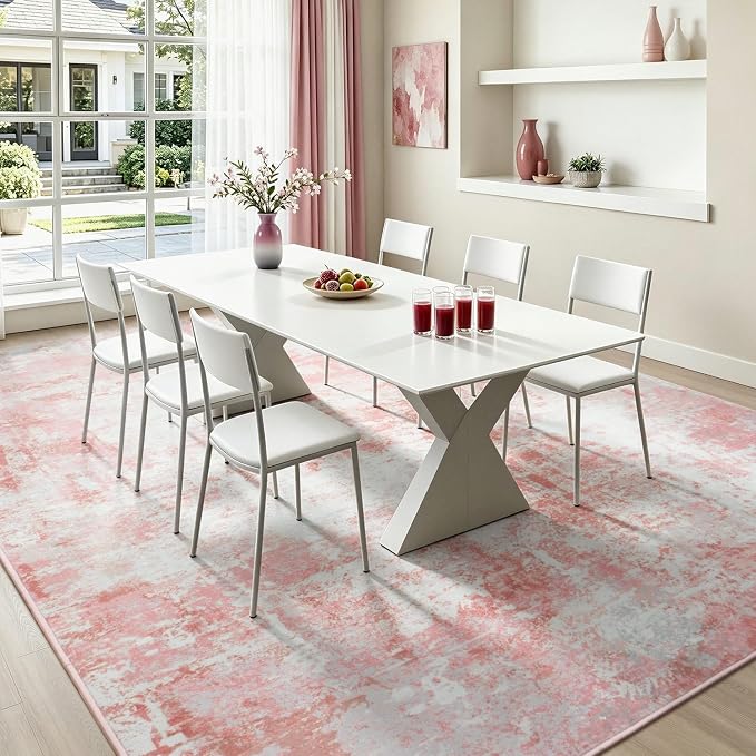 Rugflix 5x7 Area Rugs for Nursery Girls Room, Washable Large Rug Stain-Resistant Low Pile, Modern Non Slip Carpet for Kids Bedroom Living Room Home Office, Pink/White