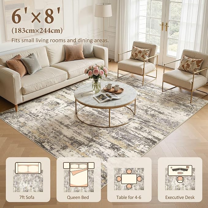 Area Rugs for Living Room: 6x8 Abstract Washable Rug Modern Neutral Large Soft Stain Resistant Non-Slip Backing Machine Table for Bedroom Dining Room Indoor Home Office Carpet - Gold Brown