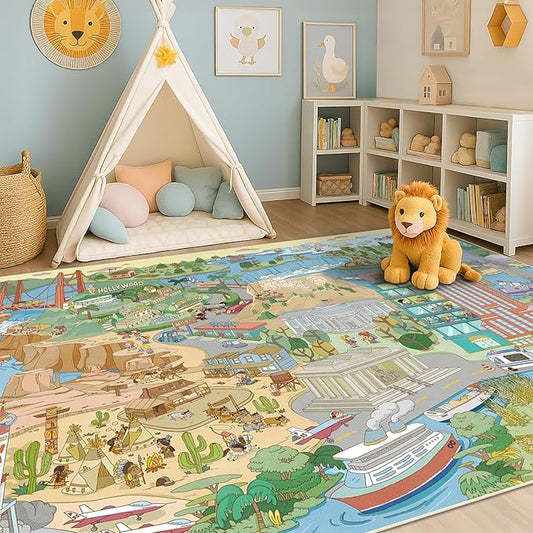 Washable Kids Rug 5x7 North America Map for Playroom – Educational Carpet for Preschool, Daycare, Classroom – Learn Geography, Animals & Landmarks – Fun Washable Activity Rug for Large Kids