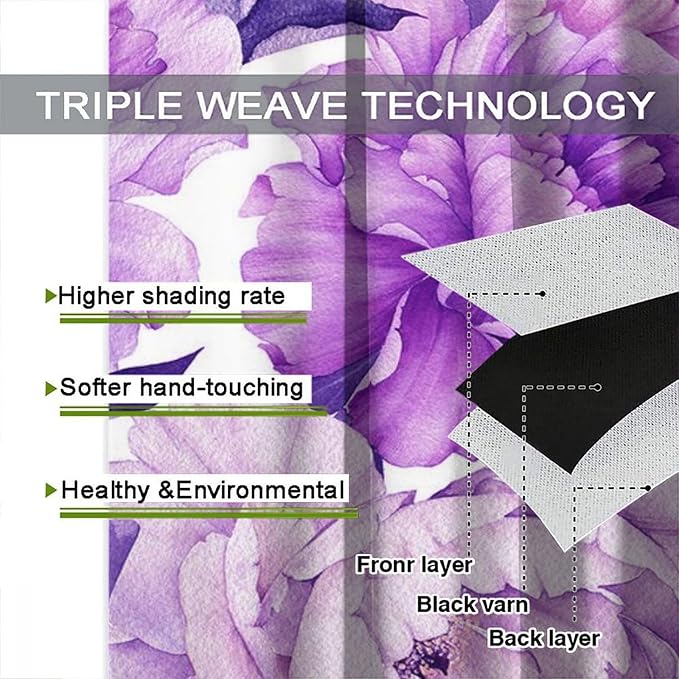 Floral Blackout Window Curtain Purple Blooming Flowers Style Print for Home Kitchen Restaurant Decoration Drapes 2 Panels 55x63in