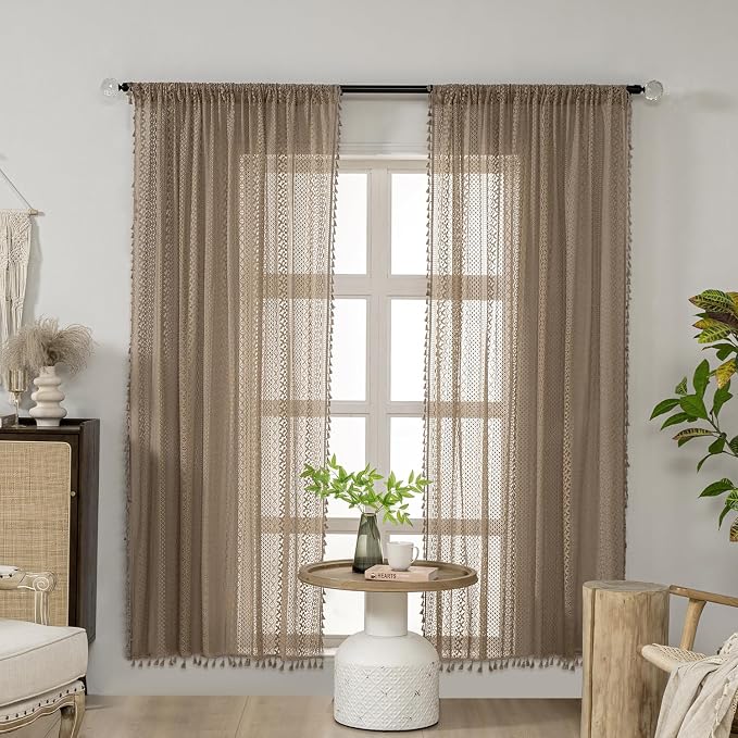 WAZZIO Boho Lace Curtains 72 Inches 2 Panel,Light Filtering Privacy Tassel & Geometry Crochet Semi Sheer Curtain Drapes for Bedroom Living Dining Room,Rod Pocket & Tassel,Earthy Color Taupe