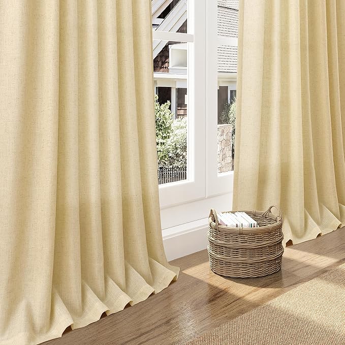 Nanspring Modern Farmhouse Curtains Linen for Living Room 84 Inches Long Cream Yellow Light Filtering Sheer Curtains Back Tab and Rod Pocket Privacy Curtain for Bedroom Office 52x84, 2 Panels