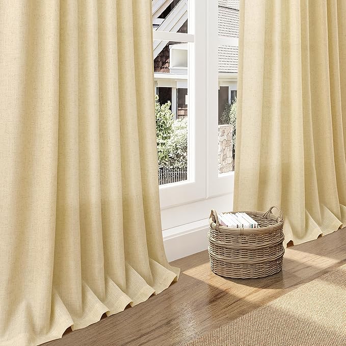 Nanspring Extra Long 120 Inch Curtains for Living Room Cream Yellow Linen Modern Farmhouse Privacy Sheer Curtains Back Tab and Rod Pocket Floor to Ceiling Curtain for Bedroom Office 52x120, 2 Panels