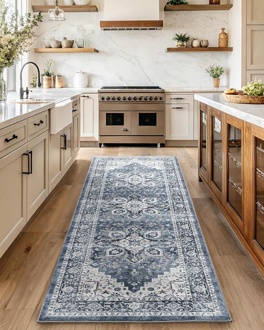 AMADA HOMEFURNISHING 2'6"x8' Washable Area Rug, Low-Profile Entryway Rug with Non-Slip Backing & Durable Edge Binding, Vintage Rug Pattern, Small Rugs for Entryway, Kitchen & Living Room