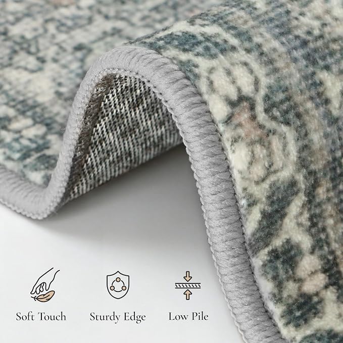 GENIMO 8x10 Area Rugs for Living Room, Machine Washable Non Slip Vintage Rugs, Low Pile Lightweight Chenille Print Rug for Bedroom, Dining Room, Home Office, Deep