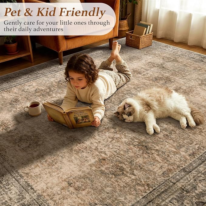 LIANLAM 5x7 Washable Area Rug, Vintage Boho Traditional Pattern, Non-Slip Stain Resistant Rug for Living Room Bedroom(5x7,Brown/Boho)
