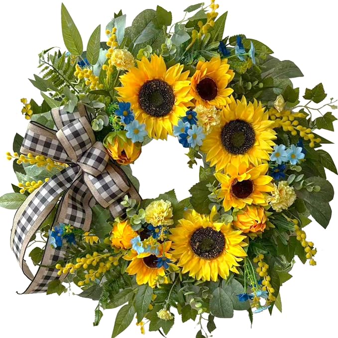 WANNA-CUL 24 Inch Summer Sunflower Wreath Linen Ribbon Front Door Wreath | Classic Farmhouse Door Wreath For Spring,Porch Indoor & Outdoor Mother's Day Decor With Daisies And Buffalo Check Ribbon.