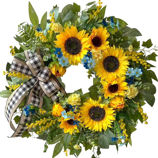 WANNA-CUL 24 Inch Summer Sunflower Wreath Linen Ribbon Front Door Wreath | Classic Farmhouse Door Wreath For Spring,Porch Indoor & Outdoor Mother's Day Decor With Daisies And Buffalo Check Ribbon.