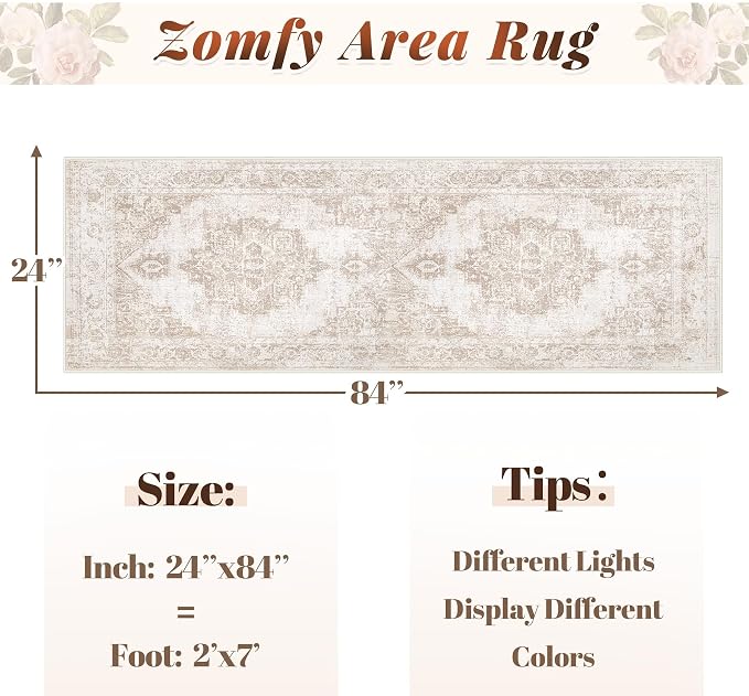 Area Rug 2x7 Runner Rugs: Washable Vintage Hallway Rug Indoor Medallion Rugs Low Pile Distressed Floor Carpet Retro Accent Rug for Kitchen Bedroom Bathroom Dining Room(Beige, 2'x7')