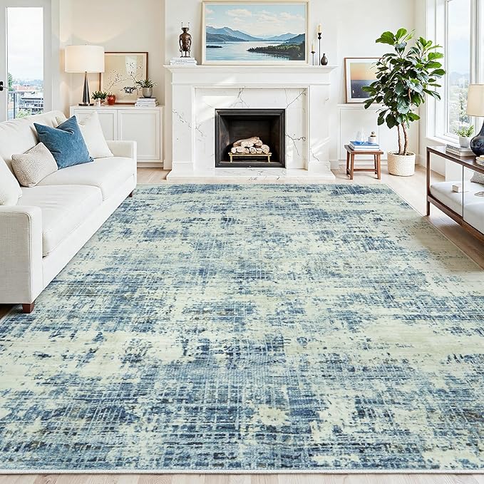 9x12 Area Rugs Washable Rug: Anti-Skid Abstract Modern Living Room Rug Soft Thin Carpets Indoor Floor Non-Shedding Carpet for Bedroom Dining Farmhouse Nursery Home Office (Blue Gray/Gold, 9'x12')