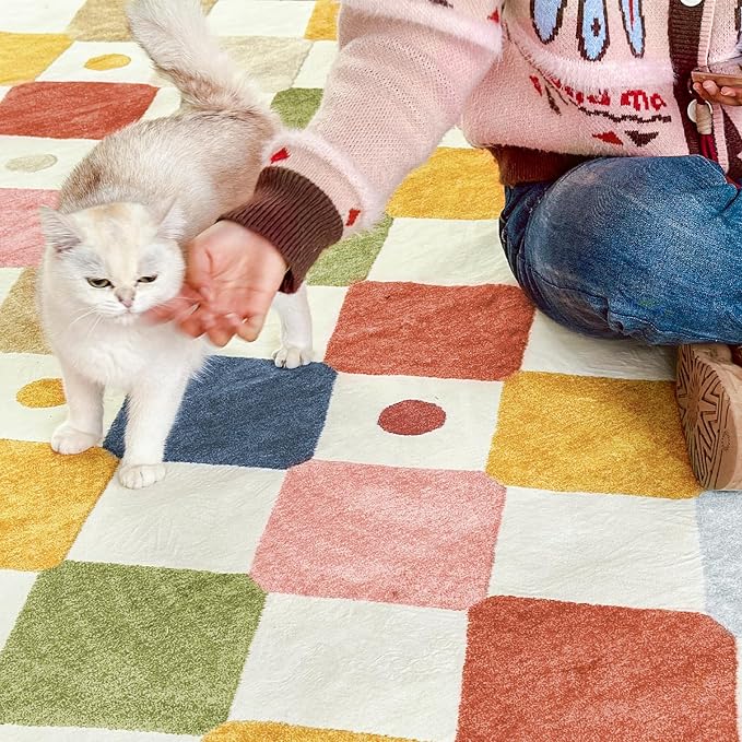 jinchan Macy Area Rug for Kids Room 5'x5' Square Rug Modern Colorful Nursery Rug Checkered Diamond Play Mat Washable Soft Non Slip Carpet for Playroom Bedroom Dorm Daycare Circus on Cream