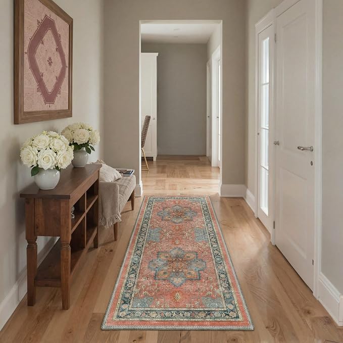 GENIMO 8x10 Area Terracotta Rug for Living Room, Machine Washable Rug, Non Slip Indoor Vintage Carpet, Low Pile Lightweight Print Carpet for Bedroom Dining Room Home Office