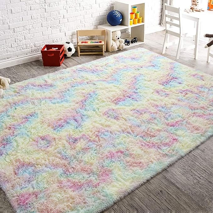 AROGAN 8x10 Feet Soft Rainbow Area Rugs for Kids Girls Room, Fluffy Cute Colorful Princess Carpet for Kids Teens Nursery Toddler,Bedroom, Pink