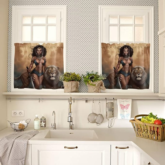 Kitchen Tier Curtains 36 inches Long, Valkyrie on the Prairie Llion and Warrior Woman Window Curtains for Living Room Bathroom,Rod Pocket Light Filter Drapes Short Half Window Treatment Tiers 2 Panels