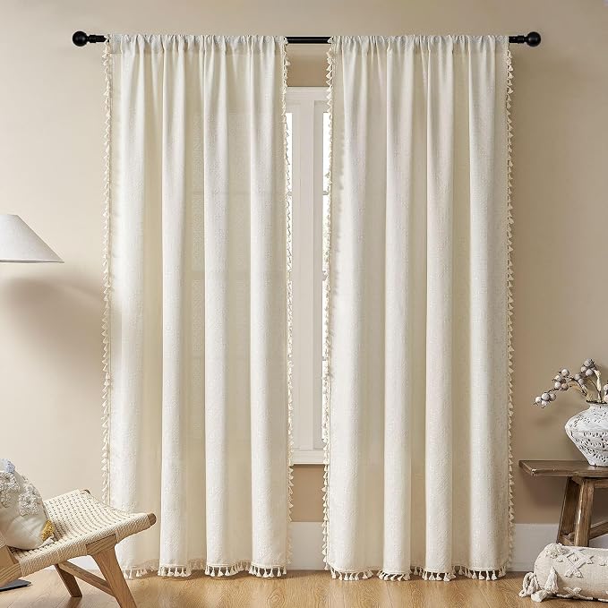 Joydeco Beige Boho Curtains 96 Inches Long 2 Panels, Super Soft Bohemian Farmhouse Curtains with Tassels, Semi Sheer Light Filtering Drapes for Bedroom Living Room (Rod Pocket, 52Wx96L)