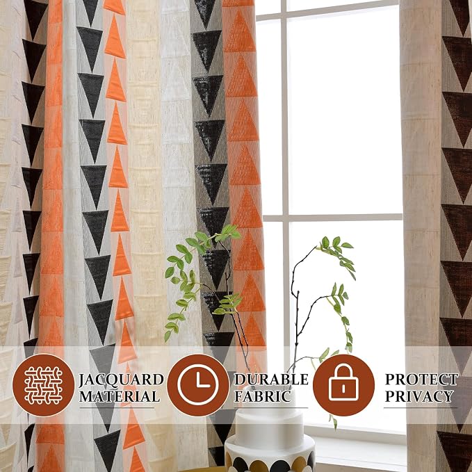 Leeva Geometric Jacquard Curtains with Grommet Top - 52x63 Inch Light Filtering Drapes, Modern Triangle Design for Living Room/Bedroom, Set of 2 Panels, Orange