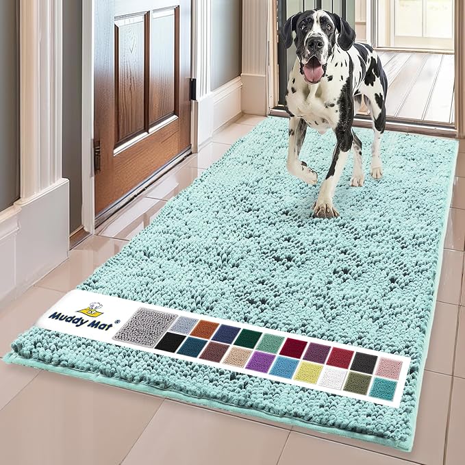 Muddy Mat® | Super Water Absorbent Door Mat Indoor, Microfiber Quick Dry Chenille Entryway Rug, Slip Resistant Front Door Mat, Indoor Mats for Entryway,Machine Washable Pet Rug, Seafoam Green 24"x96"
