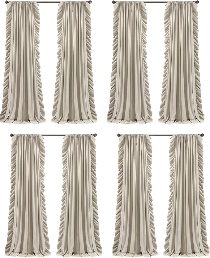 Lush Decor Reyna Ruffle Window Curtain Panel Set, Pair, 54" W x 84" L, Wheat - Flowy Curtain Set - Romantic Ruffle Curtains for Bedroom, Living Room, or Dining Room - Farmhouse & Cottage (Pack of 8)