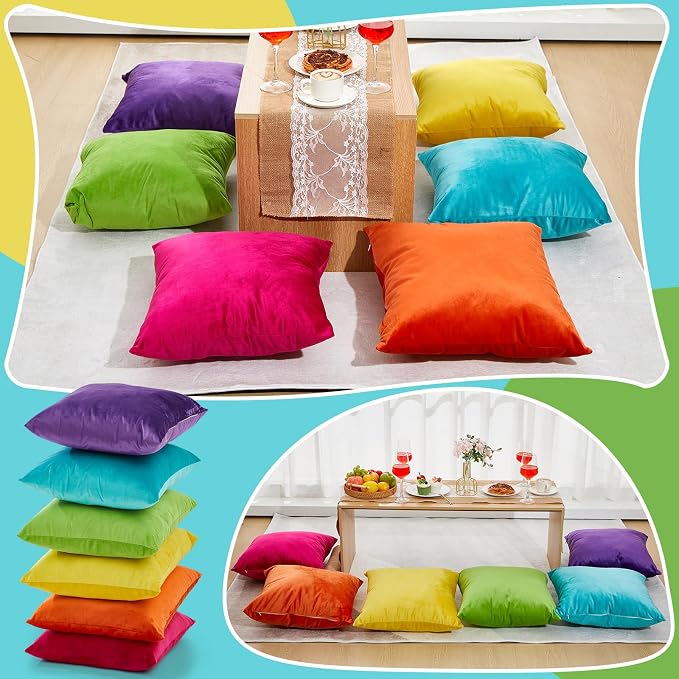 Berlune 6 Pcs Bright Velvet Throw Pillow Covers 18" x 18" Rainbow Decorative Cushion Case Soft Colorful Pillowcase for Graduation Coquette Party Accessories Couch Sofa Bed Chair Home Decor, No Inserts