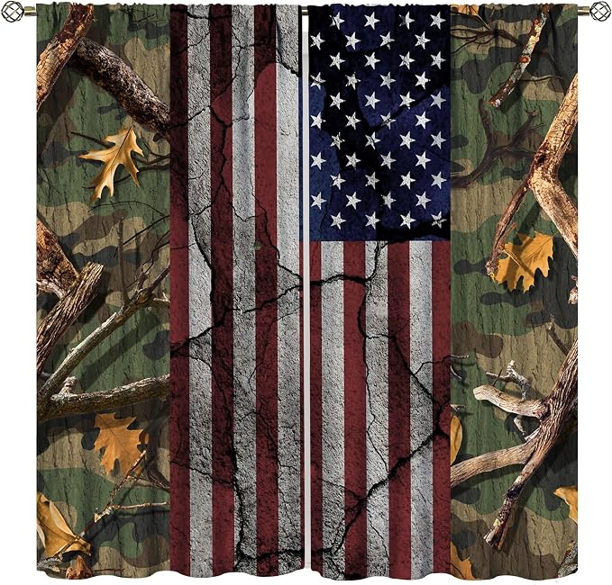 American Flag Curtains,Rustic Camo Forest Independence Day Drapes for Bedroom Living Room Kitchen Window Treatment 2 Panels Set Total Size 72" W X 63" L Inch