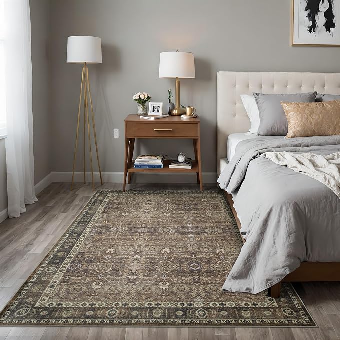 9x12 Vintage Washable Area Rug for Living Room,Non Slip Boho Carpet Non-Shedding Large Area Rug Soft Indoor Stain Resistant Rug Floral Print Mat for Bedroom Dining Room Brown Floral