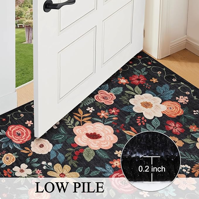 DUKINO 9x12 Area Rug, Floral Rugs for Living Room, Lightweight Non Slip Washable Rug, Indoor Low Pile & Non-Shedding Boho Design Rugs for Bedroom, Living Room, Dining Room, Black