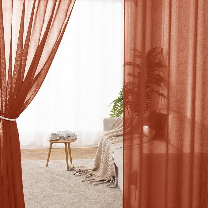 MIULEE 2 Panels Terracotta Semi Sheer Window Curtains Elegant Grommet Top Window Voile Drapes/Treatment Linen Textured Panels for Bedroom Living Room Rust Boho Retro Fall Decor (54X96 Inches)