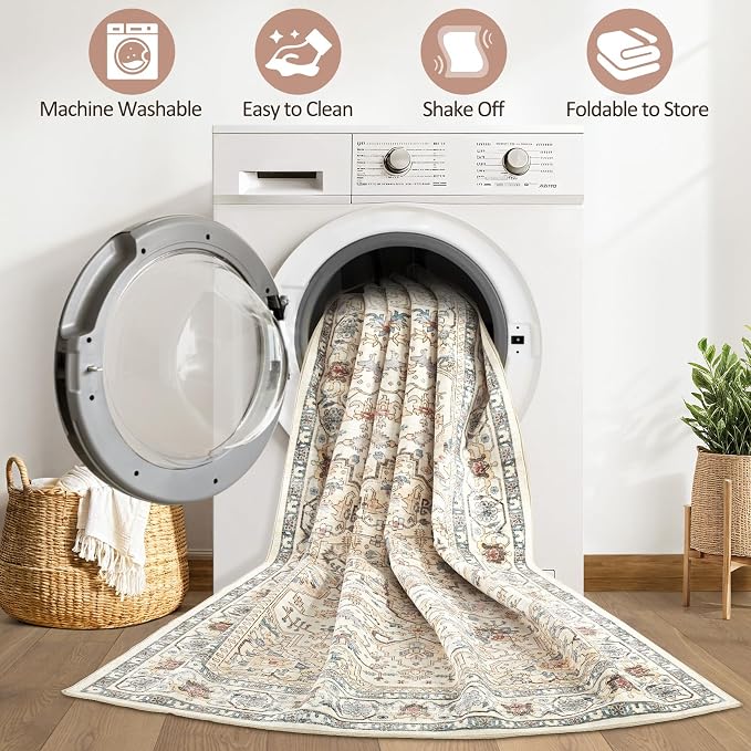 7x10 Area Rug Living Room: Washable Boho Large Neutral Vintage Soft Rugs Stain Resistant Farmhouse Non-Slip Indoor Floor Carpet for Bedroom Nursery Kids Playroom Office Dining Room- Cream Blue