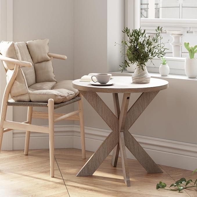 COZAYH Set of 2 Farmhouse Cross Leg end Table, French Country Accent Side Table for Family, Dinning or Living Room, Small Spaces, Modern, Round, Vintage Grey Finish. (2 Pack)