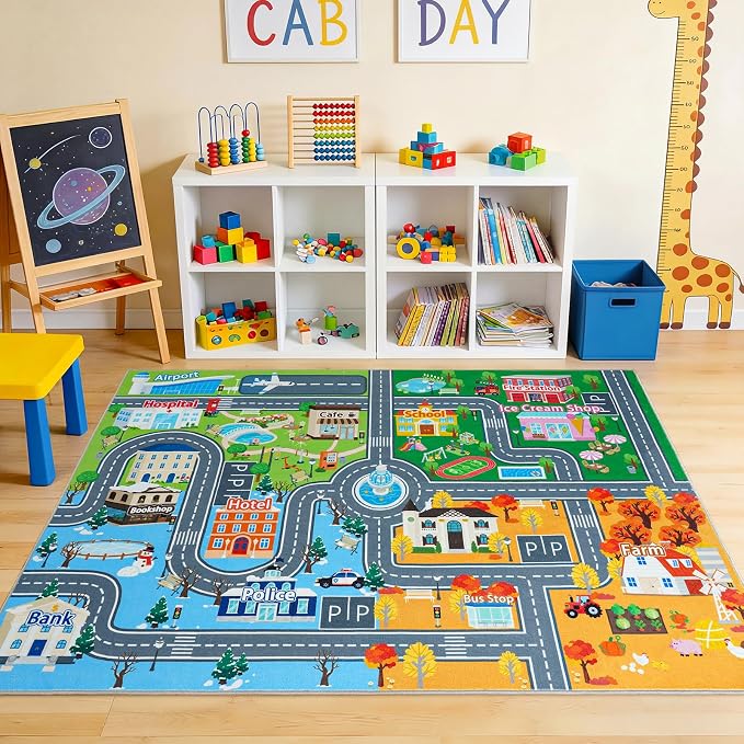 Car Rug Play Mat for Kids Toy Cars, 5' x 7' Town City Track Road Carpet, Non-Slip Machine Washable Town City Track Road Rugs Four Seasons Theme Traffic Mat for Kids Room Bedroom Game Safe Area