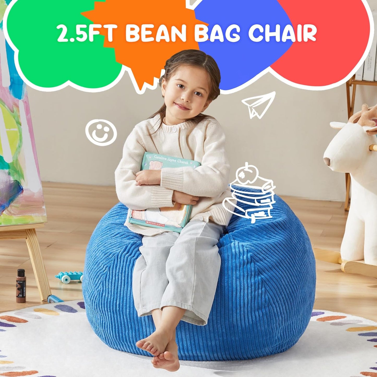 Hobestluk 2.5FT Bean Bag Chair Beanbags Small Bean Bag Chair with Filler Included Teardrop Bean Bag with Removable Cover for Bedroom Living Room (Small, Blue)