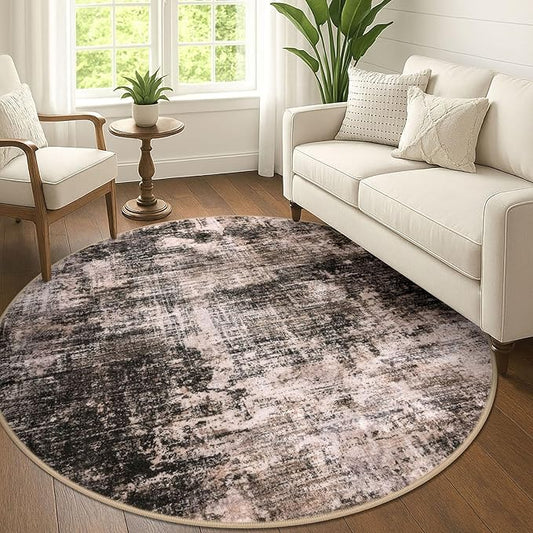 IOHOUZE Abstract Round Area Rug 6 Ft Washable Circle Rugs Large Round Rug Non Slip Thin Soft Circle Rugs, Printed Faux Wool Floor Carpet for Bedroom Living Room Dining Room Nursery, Brown/Rust