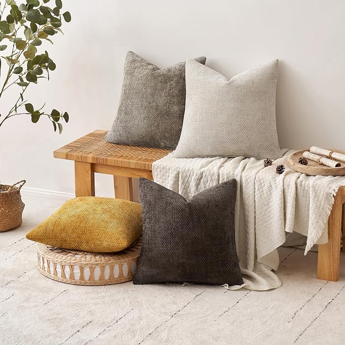 MIULEE Pack of 4 Couch Throw Pillow Covers 16x16 Inch Neutral Gold/Brown Soft Decorative Chenille Pillow Covers Farmhouse Accent Cushion Covers for Boho Fall Home Decor Sofa Bedroom Living Room