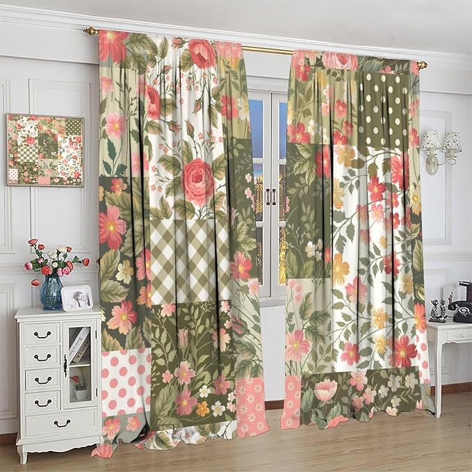 Boho Floral Patchwork Blackout Curtains Vintage Bohemian Floral Colorful Spring Wild Flower Retro Print Window Drapes for Bedroom Living Room Kitchen Cafe （W31.5xL63 Inch） x2 Panels