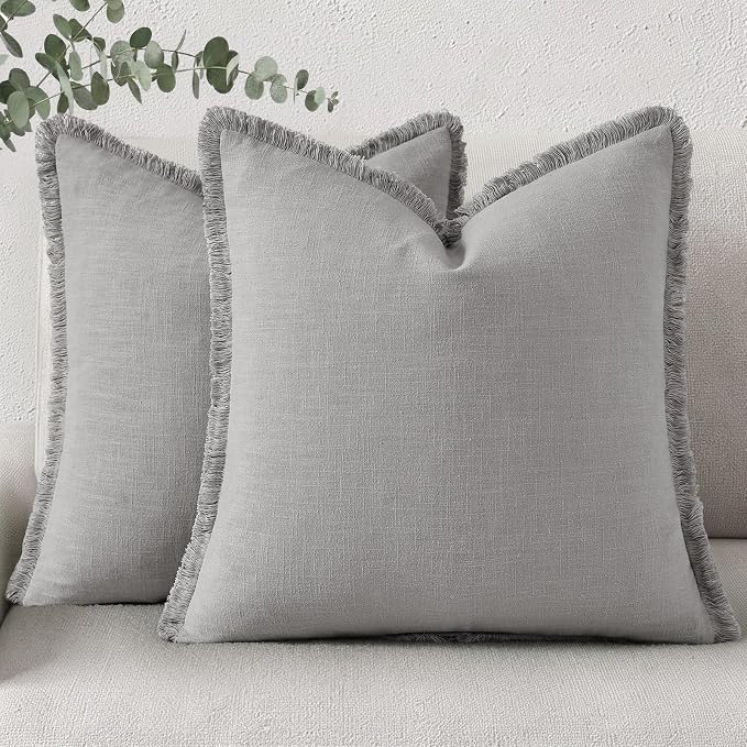 decorUhome Linen Fringe Throw Pillow Covers Set of 2 Decorative Light Grey Pillow Covers with Tassels Soft Accent Boho Farmhouse Pillow Cases for Couch Bed Sofa 18x18 Inch