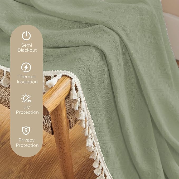 Joydeco Sage Green Boho Curtains 84 Inch Length 2 Panels, Super Soft Bohemian Farmhouse Curtains with Tassels, Semi Sheer Light Filtering Drapes for Bedroom Living Room (Rod Pocket, 52Wx84L)