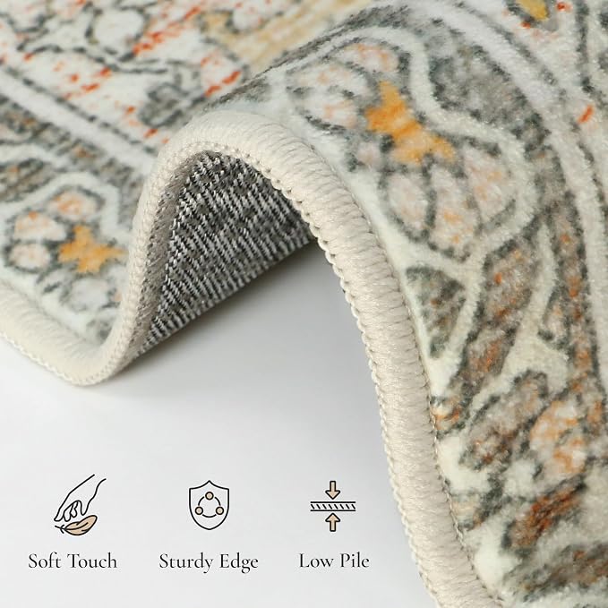 GENIMO 8x10 Area Rugs for Living Room, Machine Washable Non Slip Vintage Rugs, Low Pile Lightweight Chenille Print Rug for Bedroom, Dining Room, Home Office, Turmeric