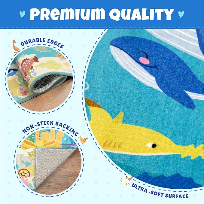 4x6 Ocean Rug for Kids Playroom – Sea Life Learning Carpet with Mermaid, Submarine & Whales, Soft Washable Stain Resistant Playful Area Rug for Kids, Educational Underwater Theme Carpet