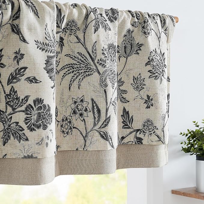 jinchan Linen Valance Curtain Window Treatment for Kitchen Bedroom Living Room RV Light Filtering 16 Inch Double Layer Farmhouse Vintage Cottagecore Valance Rod Pocket 1 Panel Black on Beige