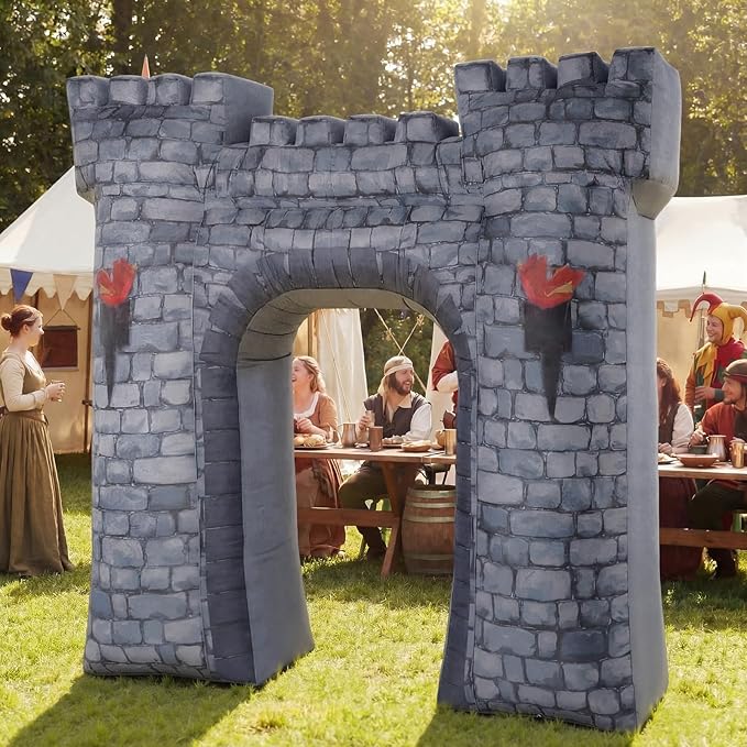 Preboun 8ft Medieval Party Inflatable Decoration Medieval Inflatable Castle Blow up Archway with Built-in Lights for Knight Birthday Cosplay Party Outdoor Yard Garden Decor