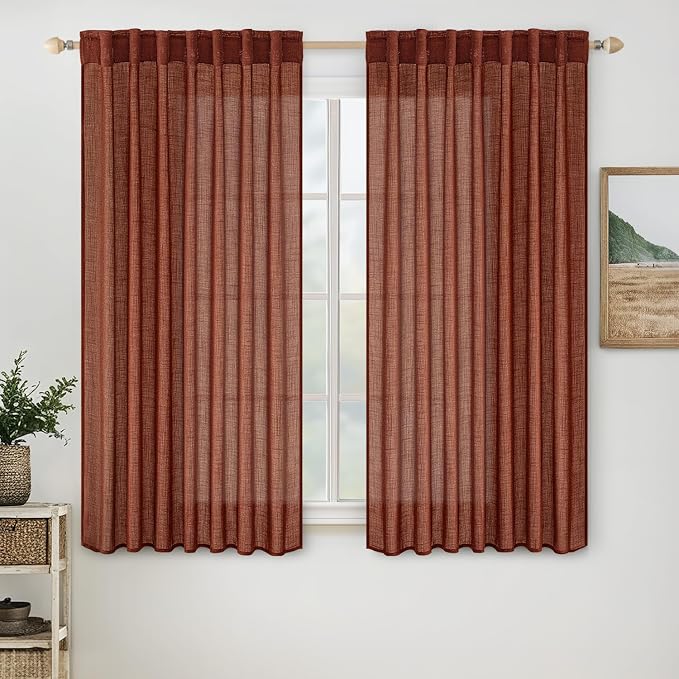 MIULEE Burnt Orange Short Linen Curtains 45 Inch Length 2 Panels for Kitchen Bedroom Bathroom, Soft Thick Linen Textured Basement Window Drapes Semi Sheer Light Filtering Back Tab Fall Decorations