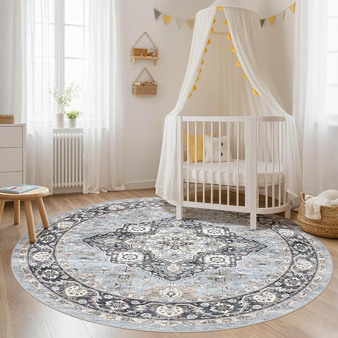 Round Rug Living Room Rugs: 8x8 Washable Boho Neutral Large Circle Soft Indoor Distressed Stain Resistant Floor Farmhouse Carpet for Bedroom Nursery Kids Playroom Office Dining Room Dorm- Blue Tan