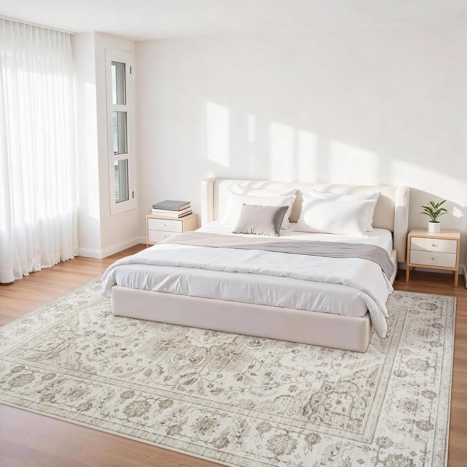 5x7 Area Rugs for Living Room:Beige Washable Vintage Medallion Carpet Non-Slip Soft Low Pile Large Rugs Indoor Retro Rug for Bedroom Nursery Dining Table Office Home(Beige White 5'x7')