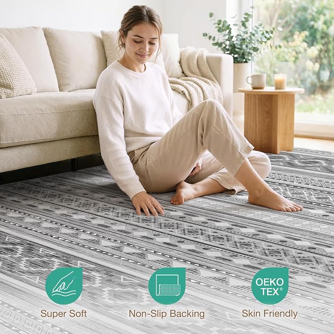 cotiled 6x9 Area Rugs Living Room Rug: Washable Boho Rugs with Non Slip Backing Large Soft Indoor Stain Resistant Carpet for Bedroom Farmhouse Dining Room Lightweight Home Decor Beige Grey